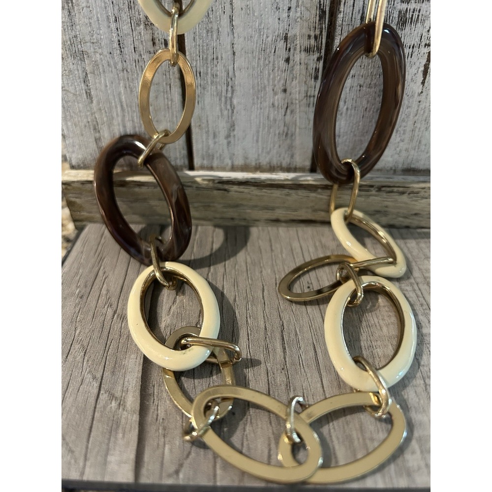 Stella & Dot Gold Tone Brown Cream Chunky Oval Link Necklace‎ 36" Toggle Clasp